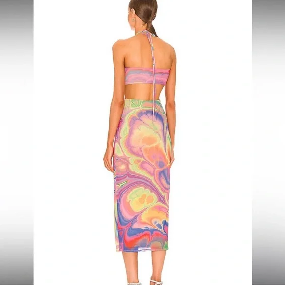 AFRM Tie-Dye Pink and Yellow Abstract Bodycon Halter Tessa Mesh Midi Dress Small - Picture 2 of 13